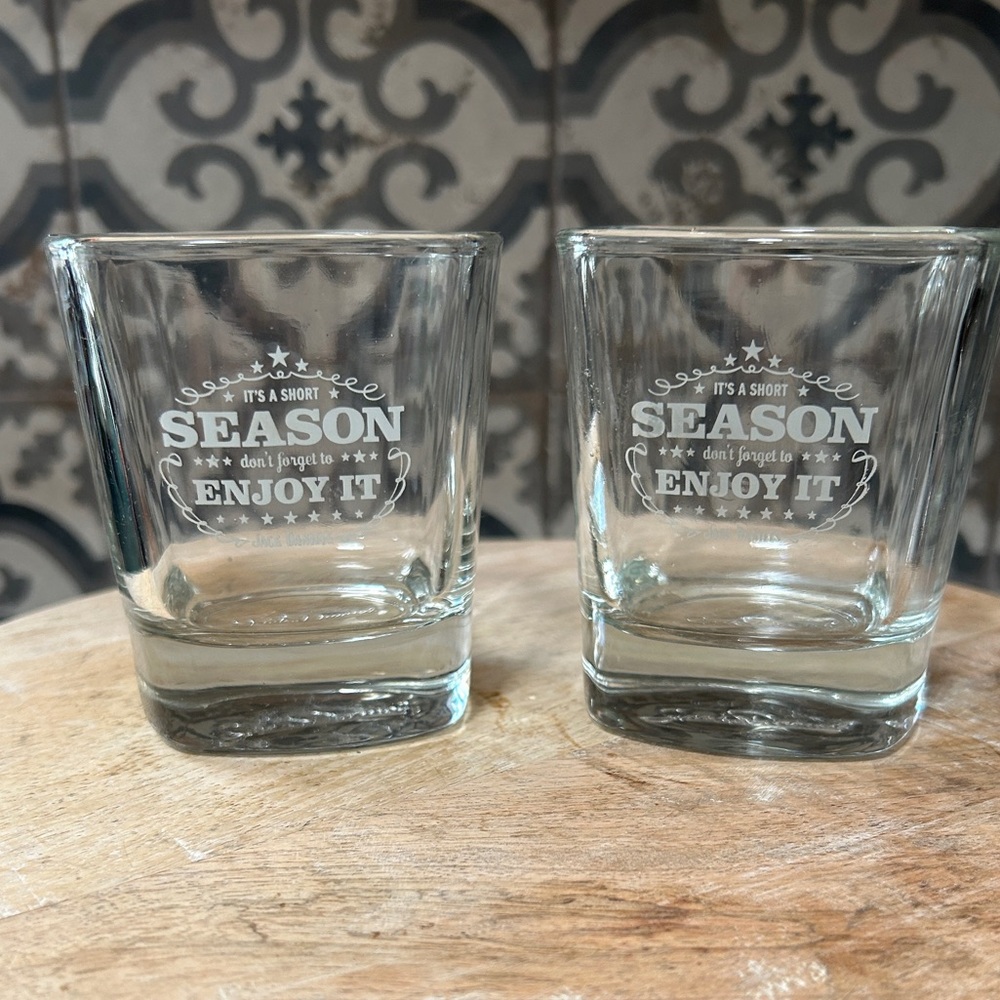 ETCHED SQUARE JACK DANIELS WHISKEY GLASS “ITS A SHORT SEASON ENJOY IT” Set of 2